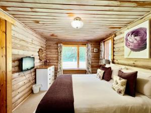 林肯Lindley Log Cabin的小木屋卧室配有1张床和电视