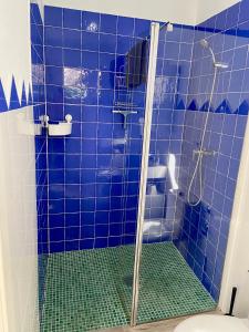 内尔哈Casa La Parra, 64的蓝色瓷砖浴室设有淋浴和卫生间