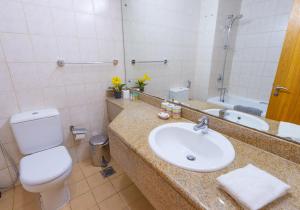 迪拜Budget Studio Apt near Metro Stn - IRN的一间带水槽、卫生间和镜子的浴室
