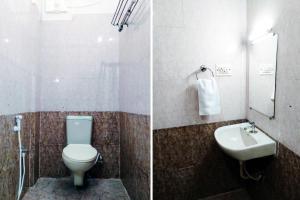 钦奈Royal Green Residency Chennai Airport的浴室的两张照片,配有卫生间和水槽