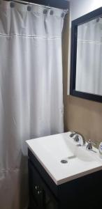 里奥格兰德Plaza Temporary Apartments的浴室设有白色的淋浴帘和水槽