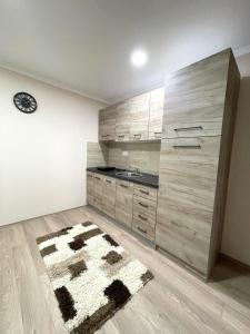 大格拉迪什泰Vivko Apartments的厨房配有木制橱柜和地板上的地毯。
