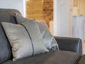 巴特Speicher Hafendomizil的灰色的沙发上配有两个枕头