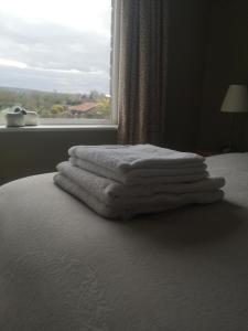 惠特比Greystones guesthouse的一堆毛巾坐在窗前的床上