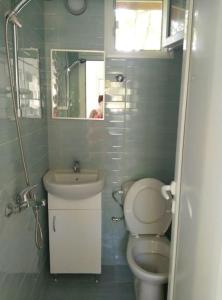 辛尼莫雷特Blue summer villa的一间带卫生间、水槽和镜子的浴室