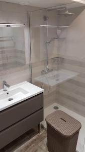 尼斯Très beau 3 pièces spacieux lumineux et climatisé的白色的浴室设有水槽和淋浴。