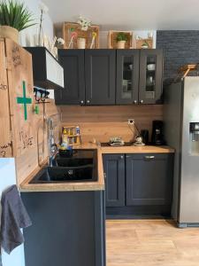 Les DampsJojo House Les Damps n 12的厨房配有黑色橱柜、水槽和冰箱。