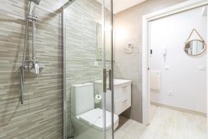 赫雷斯-德拉弗龙特拉Allo Apartments Plateros Centro的一间带卫生间和玻璃淋浴间的浴室