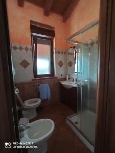 圣彼得罗镇Gli ulivi,casa tra Pula e Villa San Pietro Q3307的一间带水槽、卫生间和淋浴的浴室