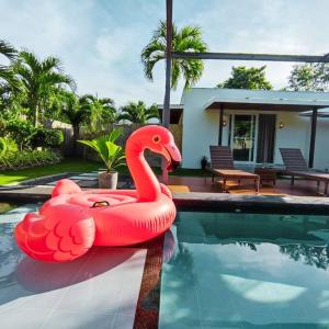 邦劳Halamanan Residences的游泳池里充气的粉红色天鹅