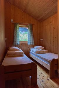 BriksdalsbreMelkevoll Bretun Camping的木间设有两张床,设有窗户