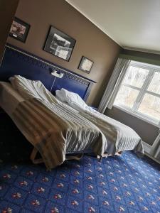GrongGrong Hotell的一间卧室配有一张大床,铺有蓝色地毯