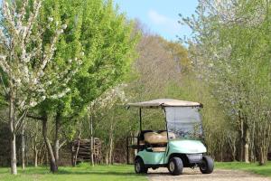 OsbornePinkmead Estate and Vineyard的停在土路上的绿色高尔夫球车