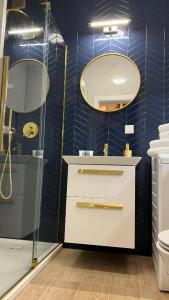 华沙Apartament Powiśle Deluxe的带淋浴、盥洗盆和镜子的浴室