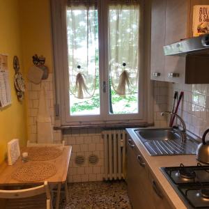 帕尔马纳兹奥尼桥公寓的厨房设有2扇窗户、水槽和柜台