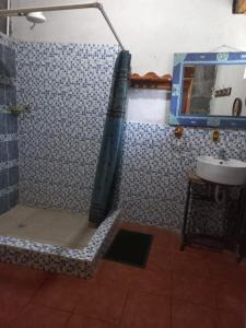 圣地亚哥阿蒂特兰Hotel y Bungalows ecologicos Marcelo的带淋浴和盥洗盆的浴室