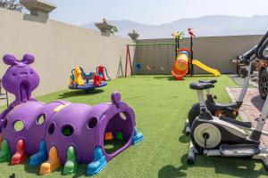 拉斯阿尔卡麦Lazeemah Chalet استراحة اللزيمه的草地上设有各种游戏设备的游乐场