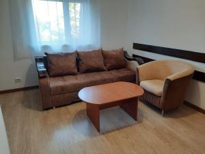 休钦斯克Zhaylau Hotel的客厅配有沙发、椅子和桌子
