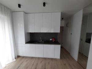 帕兰加SUN HOME的厨房铺有木地板,配有白色橱柜。