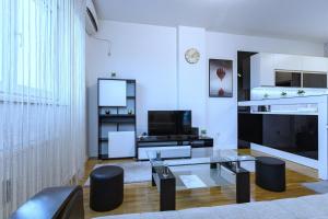 贝尔格莱德Pleasure Lux1 Apartment的客厅配有玻璃桌和电视