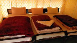 Sir Bhum Chun加哈小山徒步旅行露营旅馆的一间卧室配有两张红色棉被的床