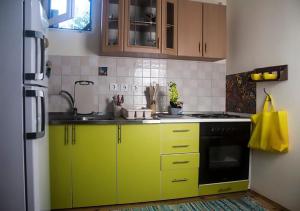维舍格勒Božanstvena Drina的厨房配有黄色橱柜和黑色烤箱
