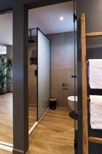 玛利亚Nuovo Luxury Suite的一间带玻璃淋浴间和卫生间的浴室
