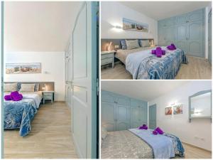 圣地亚哥港Ocean View Suite with beach private access的卧室两张图片,配有两张床和紫色枕头