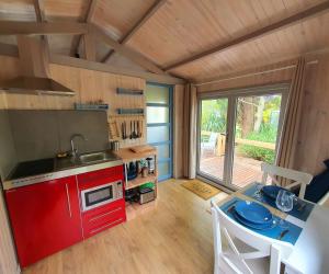 普罗旺斯艾克斯Adorable chalet avec jacuzzi privatif的厨房配有红色橱柜和带水槽的桌子
