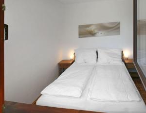 巴特奥塞Ferienwohnung Sonnenschein的小房间设有一张白色的床,配有两张桌子