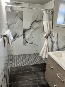 芝加哥迈阿密套房酒店的一间设有大理石墙淋浴的浴室