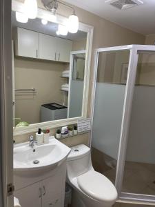 伊洛伊洛Spacious 2 Bedroom condo unit for rent的浴室配有卫生间、盥洗盆和淋浴。