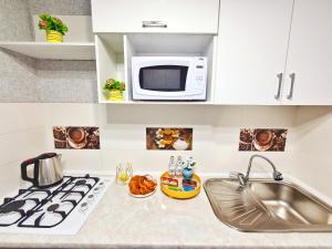 塔拉兹Абсолютно новая квартира класса ЛЮКС的厨房柜台设有水槽和微波炉