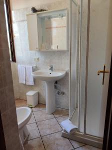 蒙特梅拉诺Affittacamere La Rondinella的一间带水槽、淋浴和卫生间的浴室