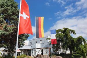 肯钦根Sport Hotel Kenzingen的大楼前悬挂着三面旗帜