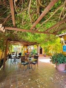 马塔拉斯卡尼亚斯多尼亚那布鲁斯酒店的户外庭院配有桌椅和树木。