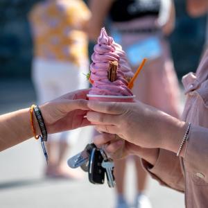 因弗鲁里The Lodges @ Barra Castle的两只手握着粉红色冰淇淋锥