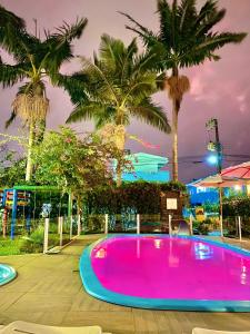 贝卢港贝卢港花园旅馆的一座大型紫色游泳池,背后是棕榈树