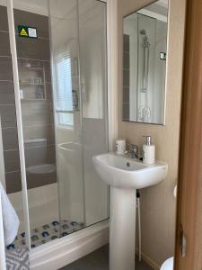 塞顿港Prestige caravan,Seton Sands holiday village, WiFi的一间带水槽和淋浴的浴室