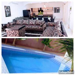 萨利波图尔Villa Charles Senghor的客厅设有沙发,毗邻游泳池