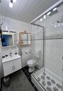 施奥弗灵Apartment 3 Gäste的带淋浴、卫生间和盥洗盆的浴室