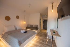 尼基季Alios Gaia - Seaside Apartments的一间卧室配有一张床、一张桌子和一张书桌