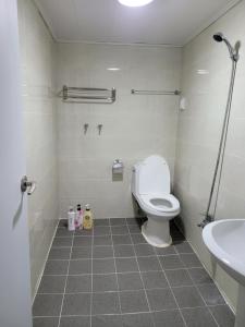 首尔弘大爱博宾馆的一间带卫生间和水槽的浴室