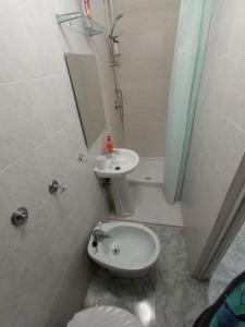 那不勒斯Flegrei Apartment的一间带水槽、卫生间和镜子的浴室