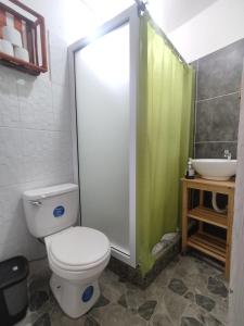 圣胡安拉拉古纳Hotel Posada Belén的浴室配有卫生间、淋浴和盥洗盆。