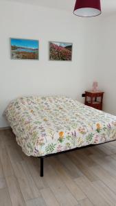 Villar PelliceChez Bonjour的一张床上的房间,上面有鲜花铺的毯子