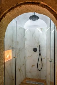 干尼亚波尔图德尔科伦坡传统精品酒店的带淋浴的浴室和玻璃门