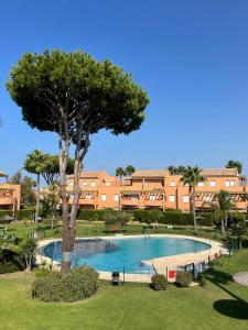 诺沃桑克蒂佩特里Apartamento Jardin del Golf的一座大游泳池,有树和一座建筑