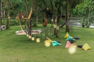 班康卡臣The Tree Riverside Kaeng Krachan的一群坐在草地上的多彩风筝