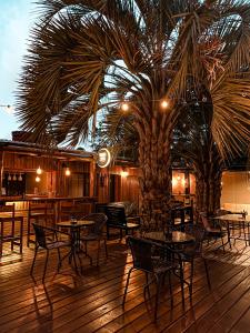 埃斯特角城RocaMar Hostel Boutique的一间设有桌椅的餐厅,并种植了棕榈树